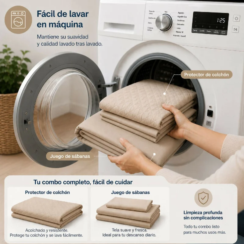 Combo Protector Colchon + Juego De Sábanas Semidoble Beige