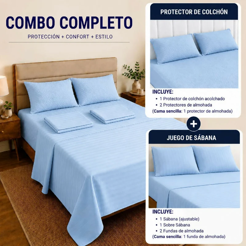 Combo Protector Colchon + Juego De Sábanas Semidoble Celeste