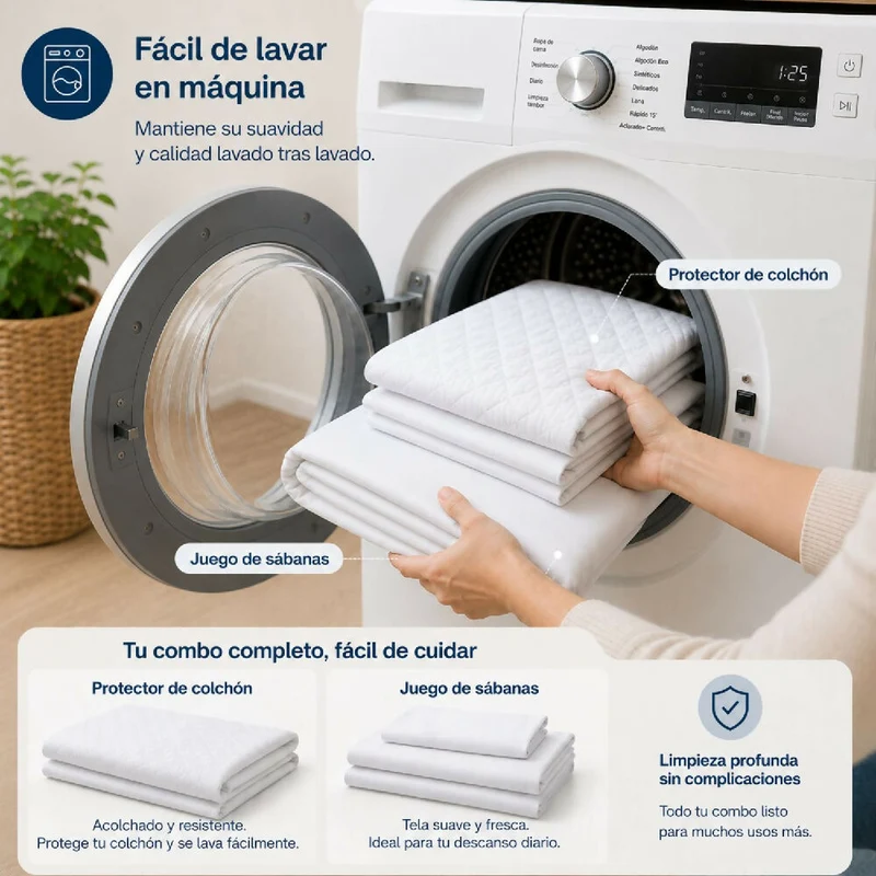 Combo Protector Colchon + Juego De Sábanas Semidoble Blanco
