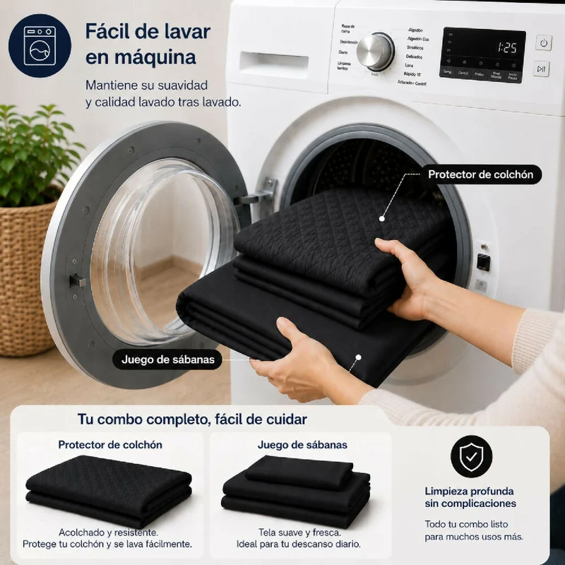 Combo Protector Colchon + Juego De Sábanas Doble Negro
