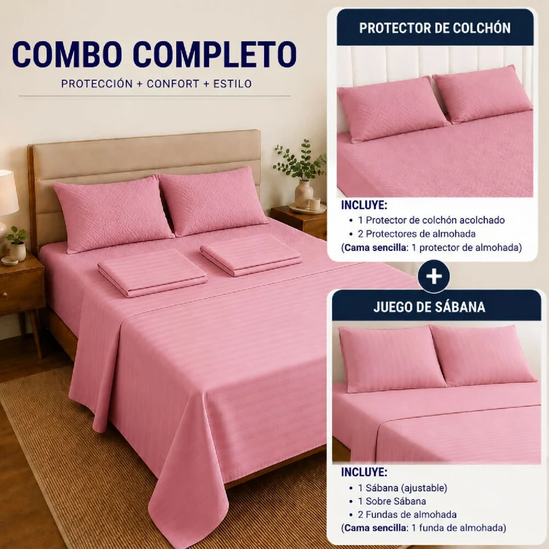 Combo Protector Colchon + Juego De Sábanas Doble Rosado