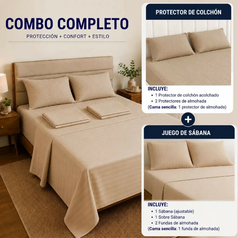 Combo Protector Colchon + Juego De Sábanas Doble Beige