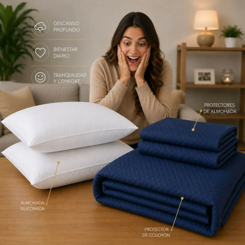 Combo Protector Colchon + 2 Almohadas Siliconadas Semidoble Azul