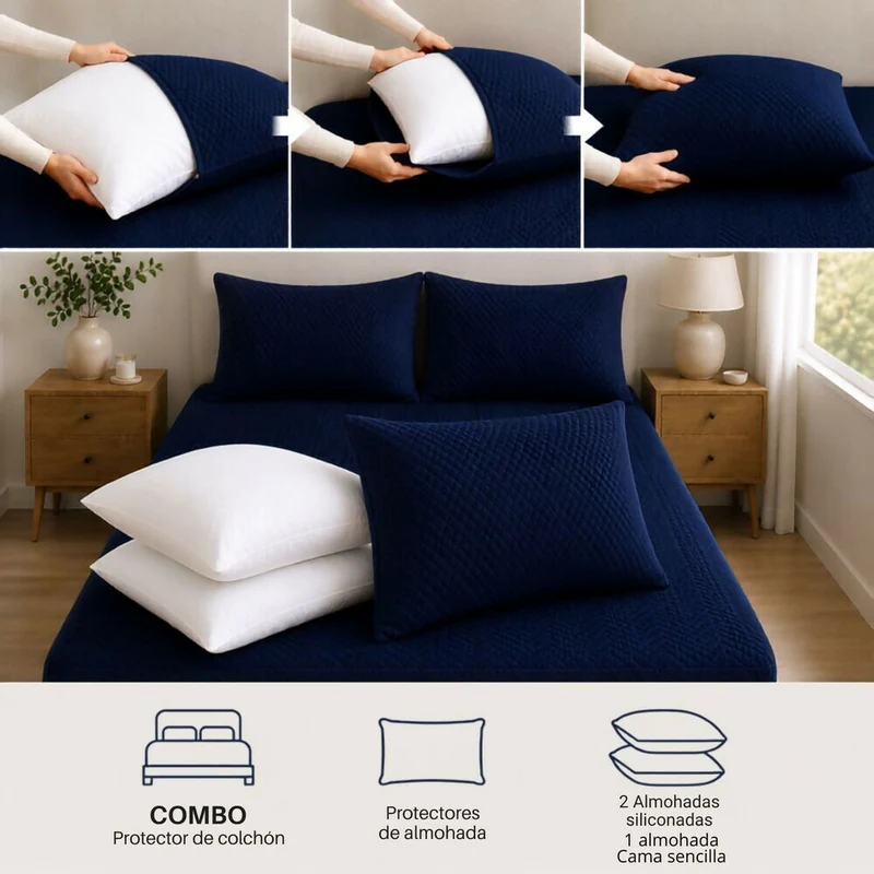 Combo Protector Colchon + 2 Almohadas Siliconadas Semidoble Azul