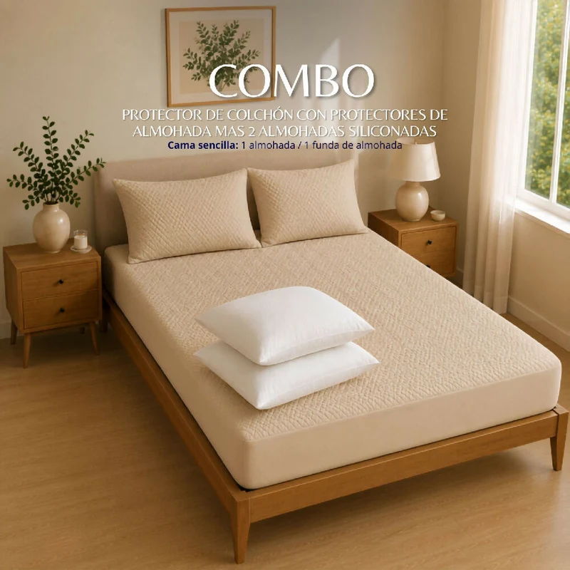 Combo Protector Colchon + 1 Almohada Siliconada Sencillo Beige