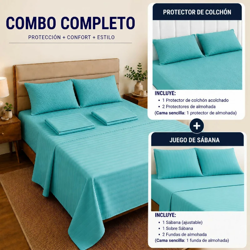 Combo Protector Colchon + Juego De Sábanas Semidoble Turquesa