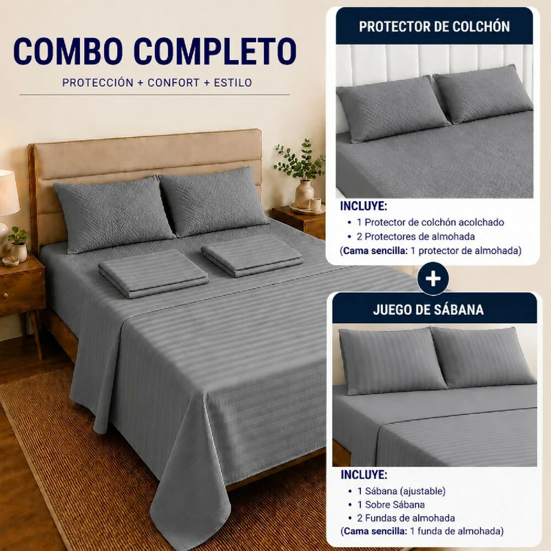 Combo Protector Colchon + Juego De Sábanas Queen Gris