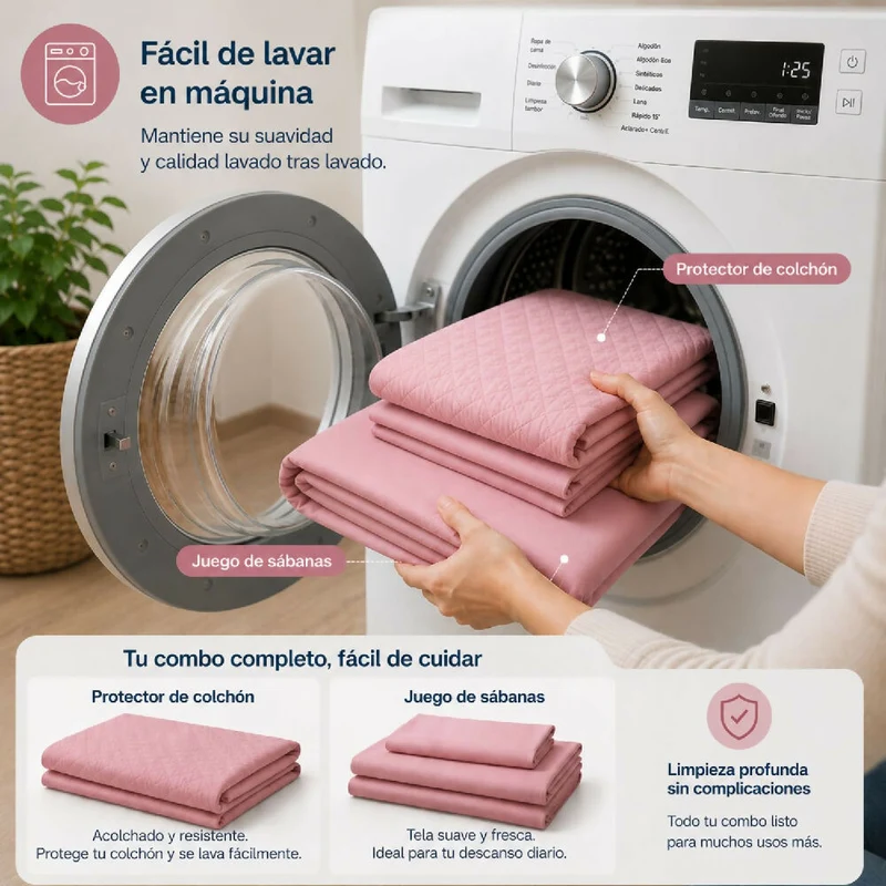 Combo Protector Colchon + Juego De Sábanas Queen Rosado