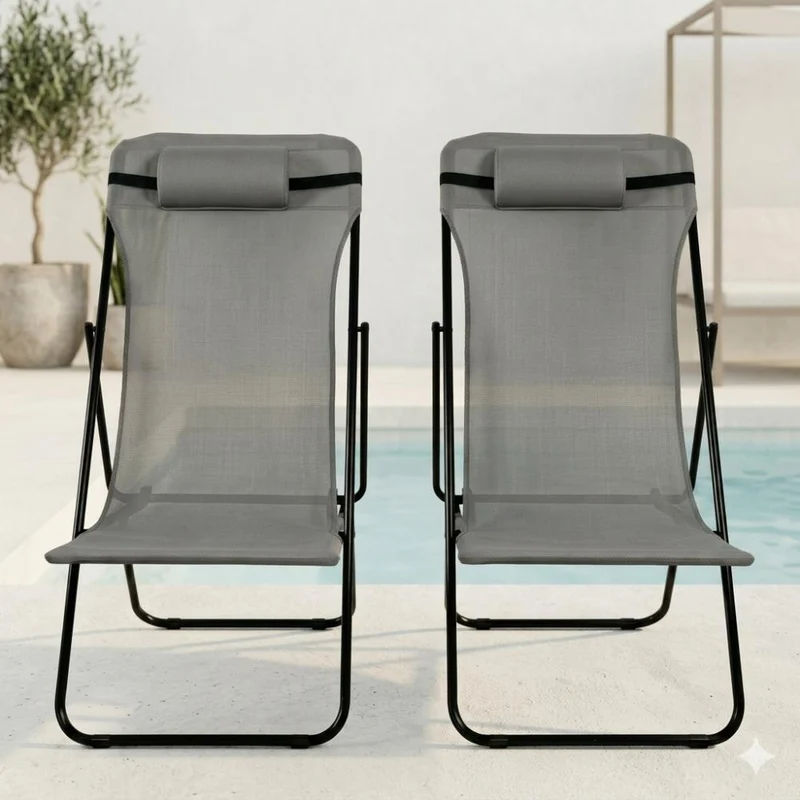 Set de 4 Sillas Plegable Reclinable Zambia, Gris Oscuro, con Tres Posiciones