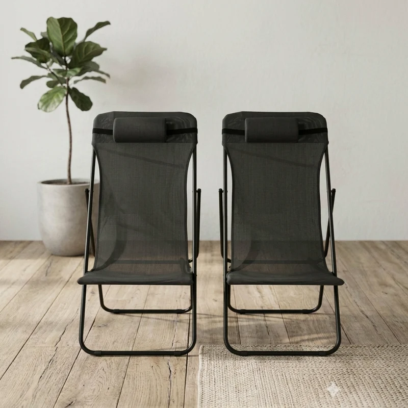 Set de 2 Sillas Plegable Reclinable Zambia, Negro, con Tres Posiciones