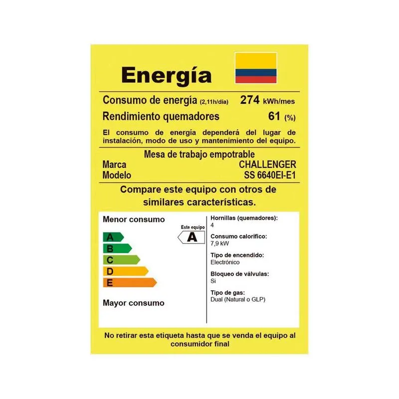 Estufa Empotrar Inox 4 Puestos 65cm Gas Natural Challenger Ss6640