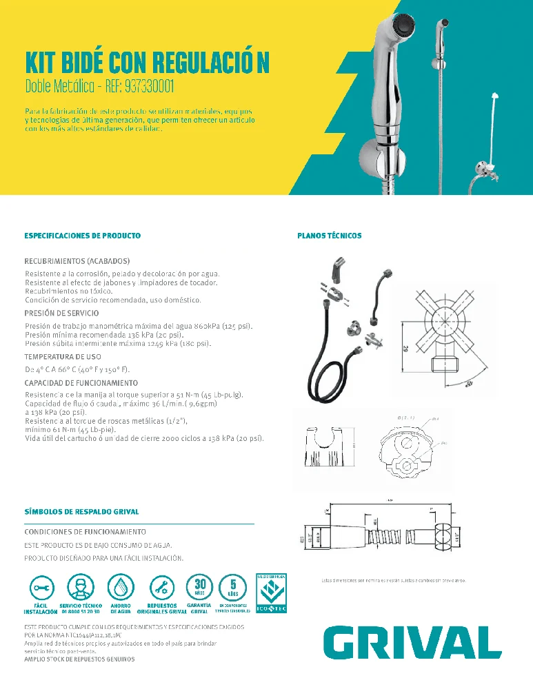Kit Grival Bide con Regulación Doble Metálica