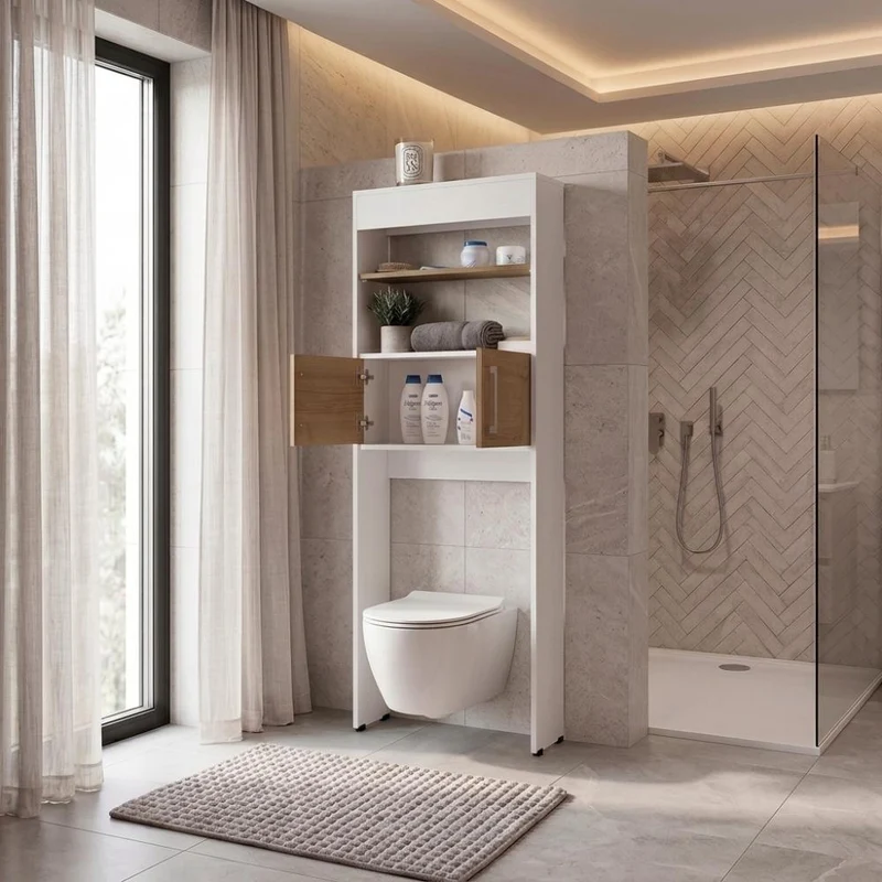Gabinete de Baño Madrid, Blanco y Fresno Europeo, Ahorrador de Espacio ZF