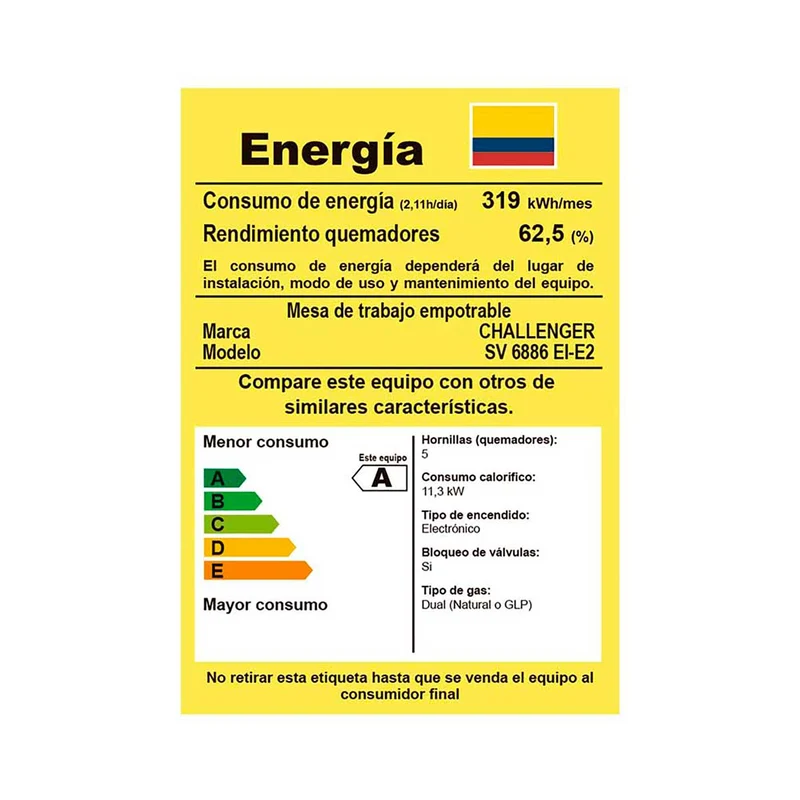 Estufa de Empotrar Challenger 5 Puestos Gas Natural, Plateado