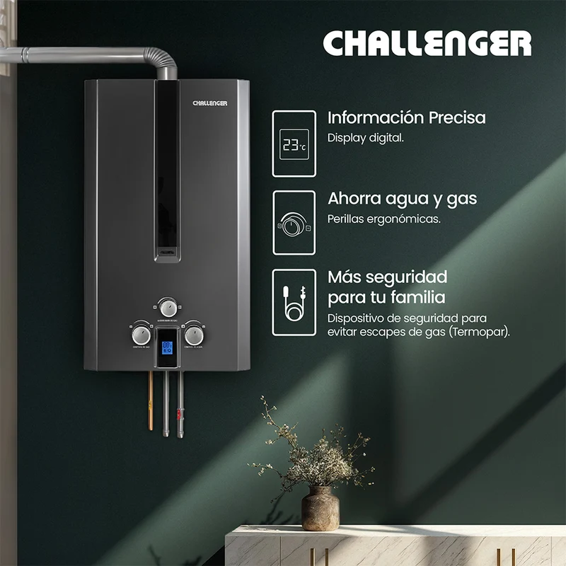 Calentador de Paso Challenger 6 Litros Tiro, Negro