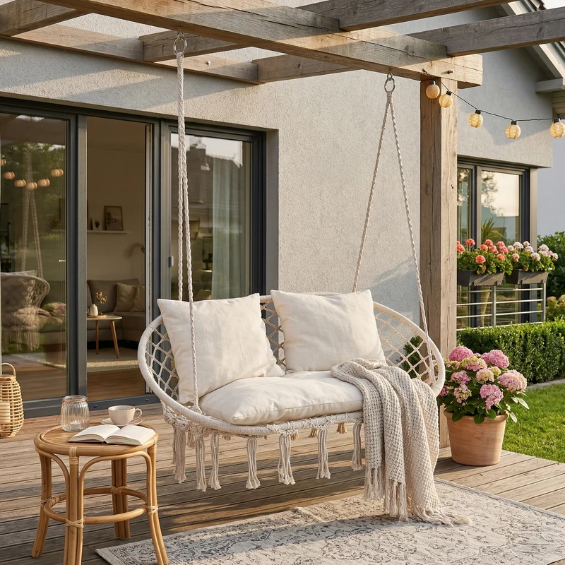 Sillón colgante Kailua diseño boho 135x129x65cm - Blanco crema casa.pro