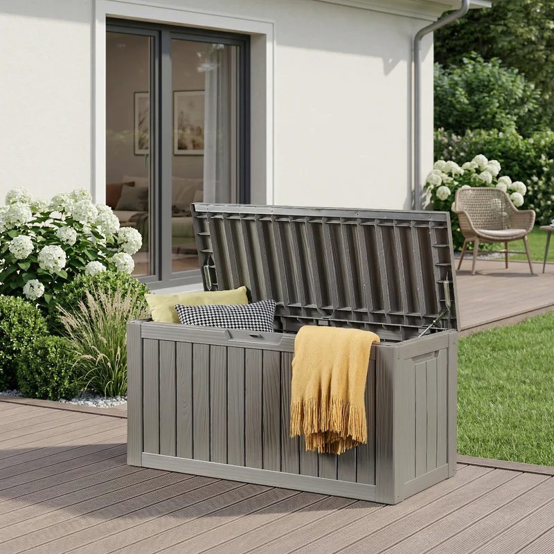 Arcón exterior Vades con tapa 117x47x59cm - efecto madera [casa.pro]