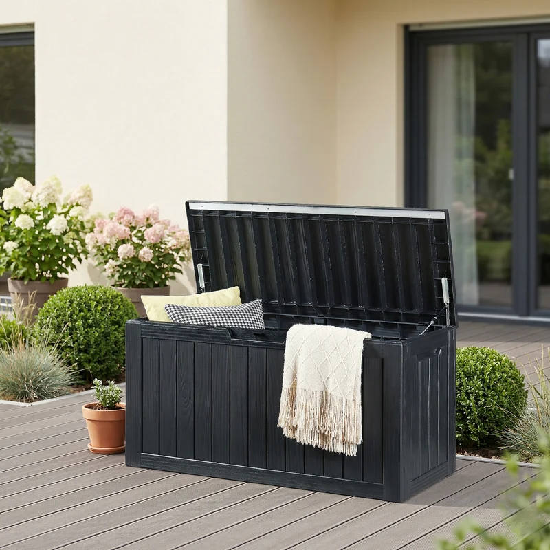 Arcón exterior Vades con tapa 117x47x59cm - efecto madera [casa.pro]