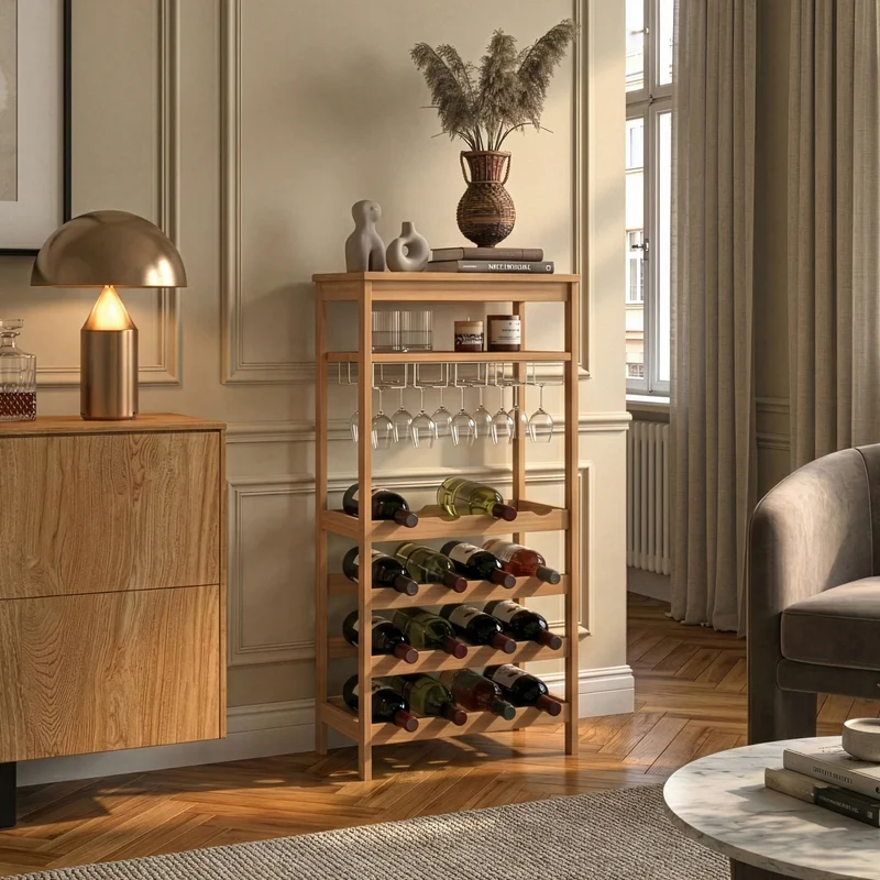 Estantería de vino Fillby con portavasos bambú 100x47x29cm - Natural [en.casa]