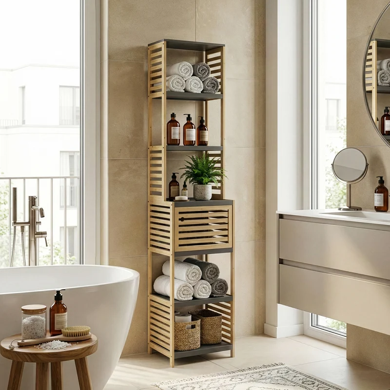 Estantería de baño Kydesby de niveles bambú Natural/Gris [en.casa]