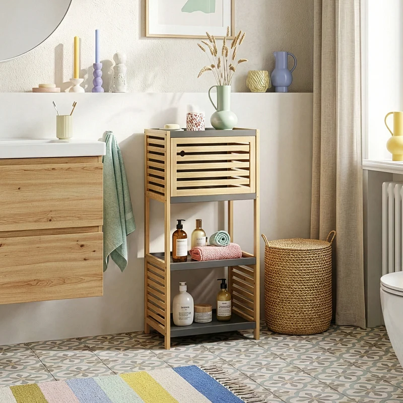 Estantería de baño Kydesby de niveles bambú Natural/Gris [en.casa]