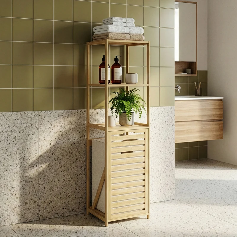 Estantería de baño con cesto Anun bambú 130x36x33cm - Natural/Beige [en.casa]