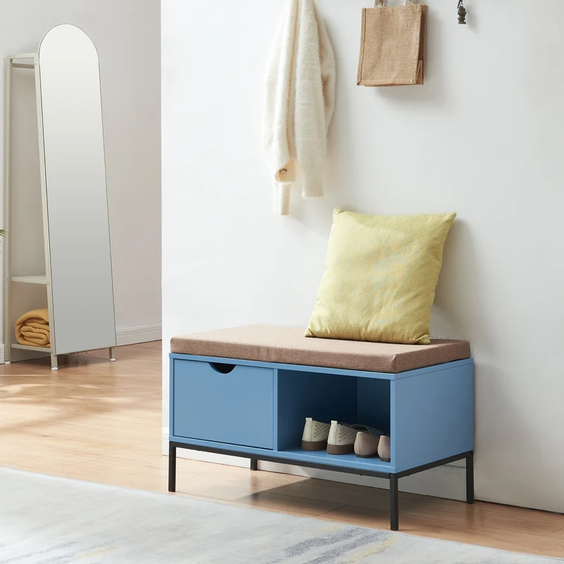 Banco zapatero Colwyn 1 cajón MDF 80x40x45cm - Azul /Gris [en.casa]