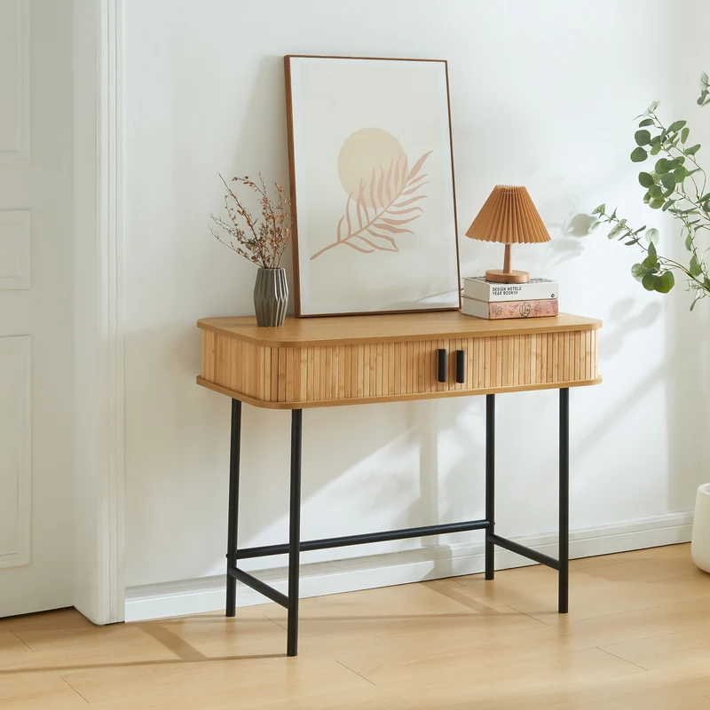 Mesa consola Tvedestrand con puertas bambú 100x50x76cm - Efecto madera[en.casa]