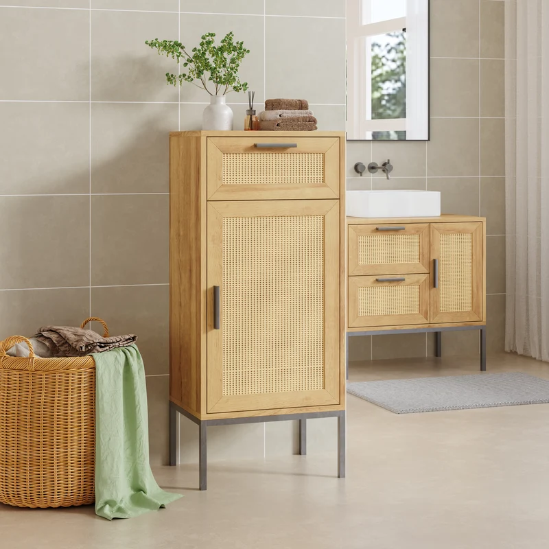 Mueble de baño auxiliar Marhasa 92x40x30 cm - Efecto roble/Negro [en.casa]