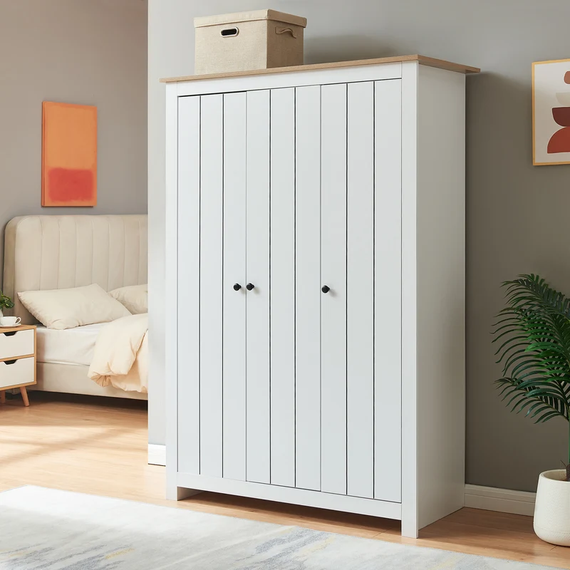 Armario Ropero Vasand (3 puertas 2 percheros 3 compartimentos) 175x120x52 cm -/Roble [en.casa]