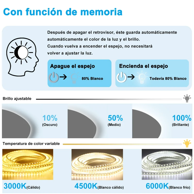 Aica Espejo de baño LED , tres colores regulable, antivaho, memoria de apagado, diseño elegante