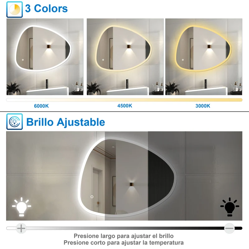 Aica Espejo de baño LED , tres colores regulable, antivaho, memoria de apagado, diseño elegante