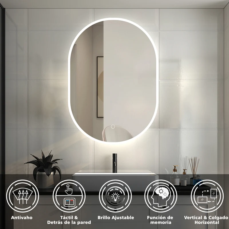 Espejo de baño Aica LED 50 x 100 cm, ovalado, función memoria, luz blanca 6000k