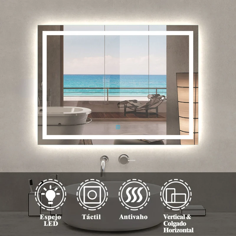 Espejo de baño con iluminación LED Frío Blanco(Brillo LED Envolvente) Espejo Rectangular Antiniebla,Interruptor Táctil, Espejo Montado en Pared