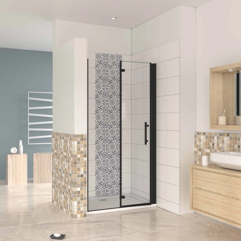 Mampara ducha frontal baño dos puerta plegable con perfil negro mate ,estilo industrial, 5 mm cristal templado, Easyclean, altura 190 cm