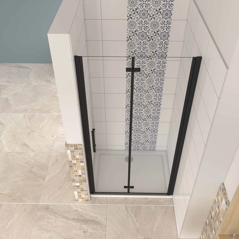 Mampara ducha frontal baño dos puerta plegable con perfil negro mate ,estilo industrial, 5 mm cristal templado, Easyclean, altura 190 cm