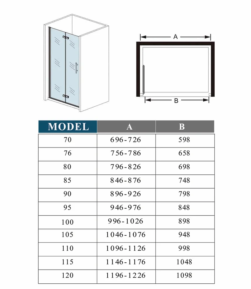 Mampara ducha frontal baño dos puerta plegable con perfil negro mate ,estilo industrial, 5 mm cristal templado, Easyclean, altura 190 cm