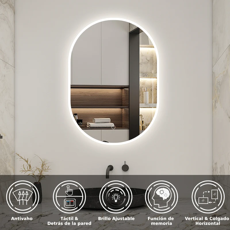 Aica Espejo de baño LED , ovalado, antivaho, luminosidad regulable