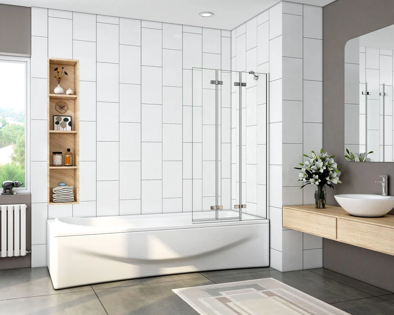 Mamparas de Bañera Biombo Plegable Cristal 6mm 3 veces plegable 100x140cm+Barra