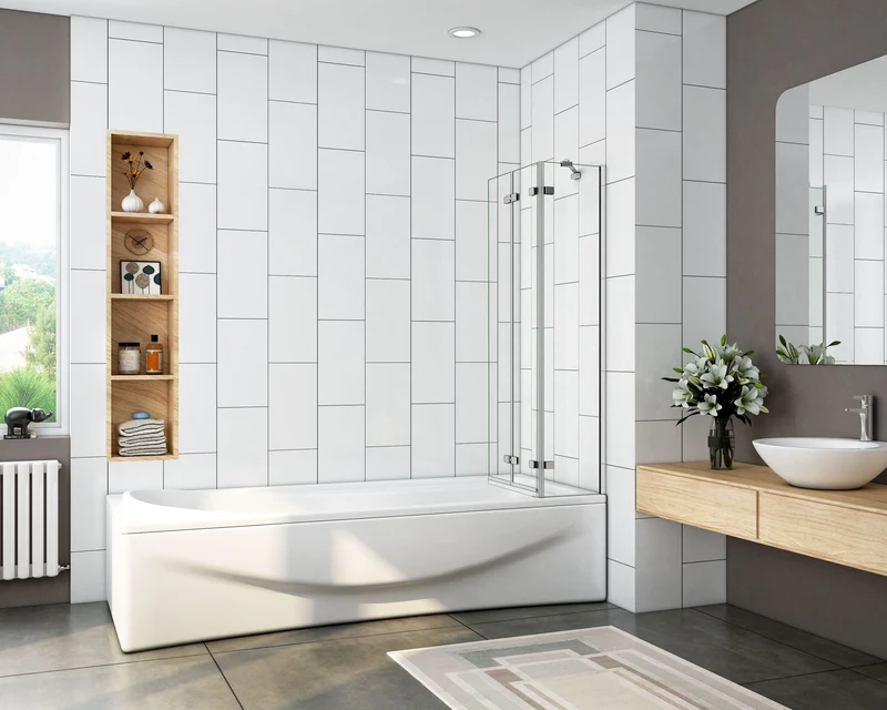 Mamparas de Bañera Biombo Plegable Cristal 6mm 3 veces plegable 100x140cm+Barra