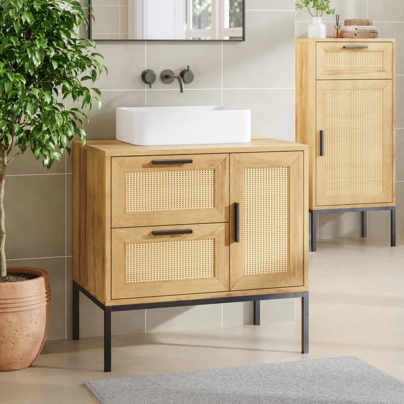 Mueble bajo lavabo Marhasa 2 puertas 1 cajón ratán 60x60x40cm Roble [en.casa]