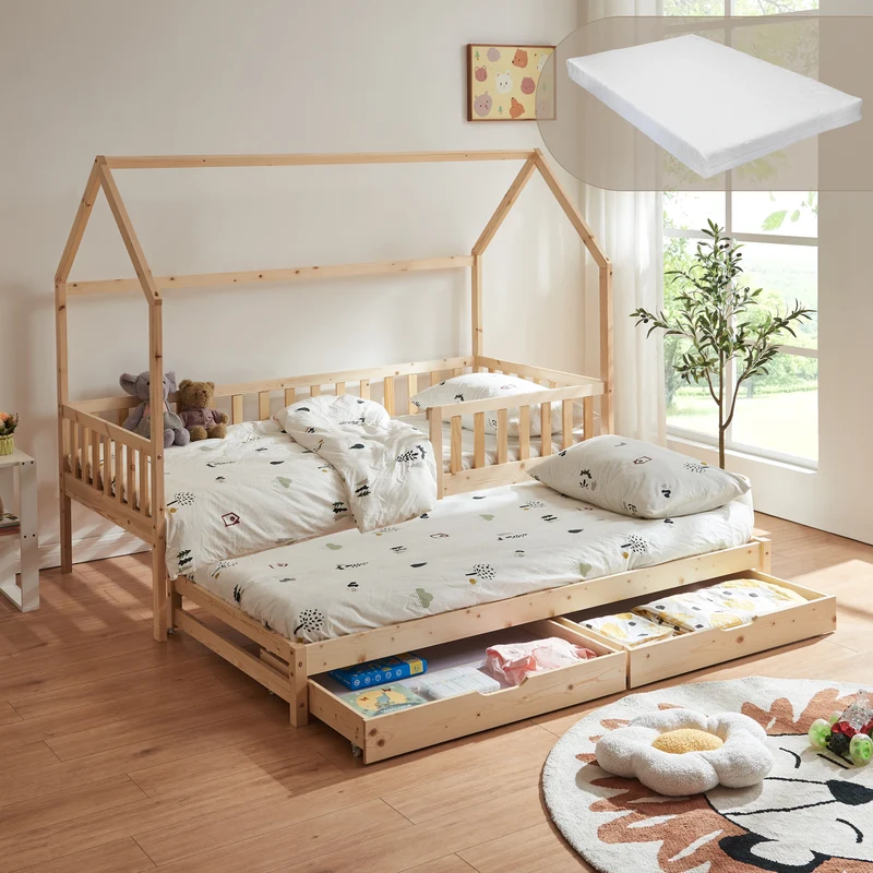 Cama con cama supletoria Aarghonmaa 2 cajones y colchón 90x200cm - [en.casa]