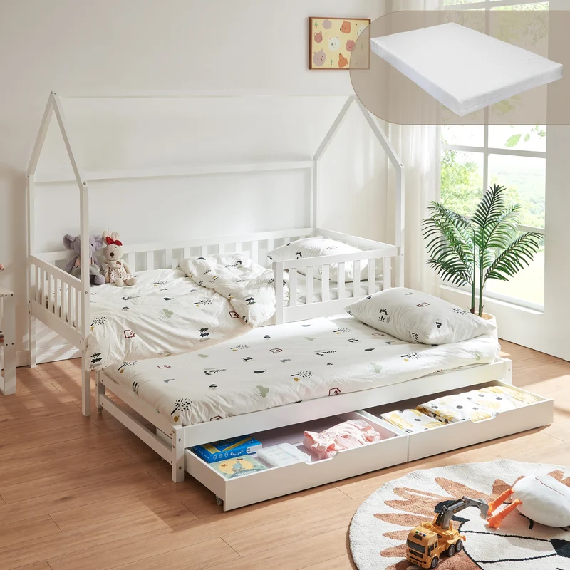 Cama con cama supletoria Aarghonmaa 2 cajones y colchón 90x200cm - [en.casa]