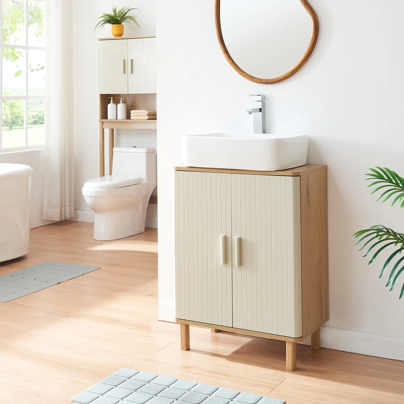 Mueble bajo lavabo Ferrersp 80x60x35 cm efecto roble/color arena [en.casa]