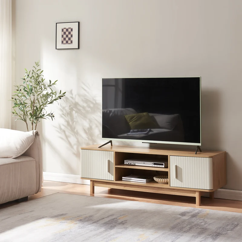 Mueble de televisión Ferrersp con 2 puertas 140x40x45 cm aspecto roble/color arena [en.casa]