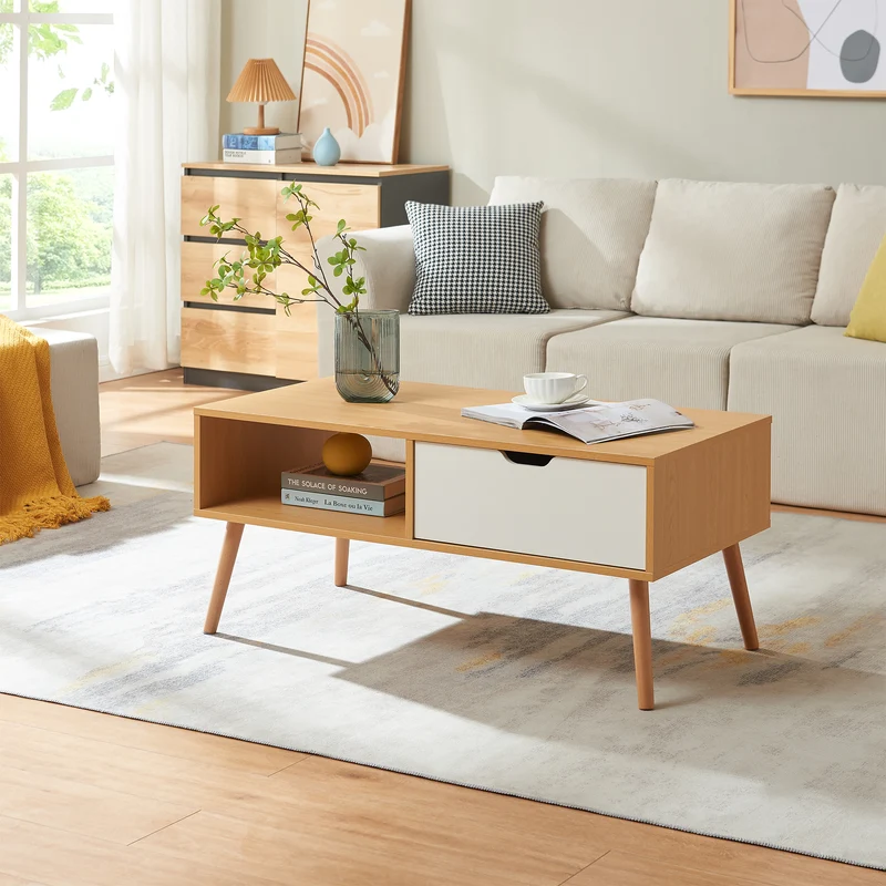 Mesa de centro Bordkak con cajón 100x48x45 cm aspecto roble/blanco [en.casa]