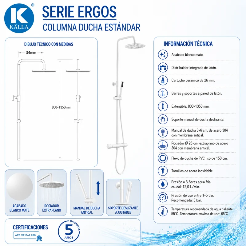 Columna de ducha Ergos Termostática Blanca