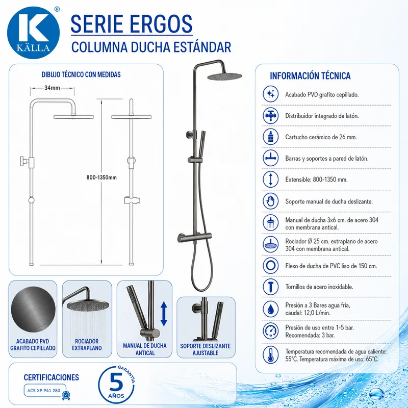 Columna de ducha Ergos Termostática Grafito Cepillado