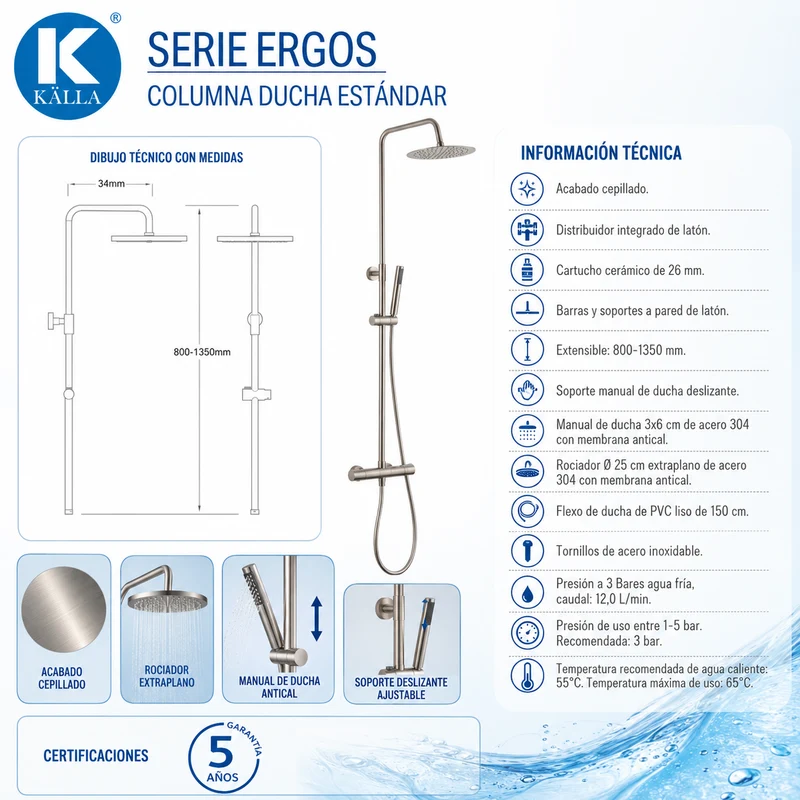 Columna de ducha Ergos Termostática Acabado Cepillado