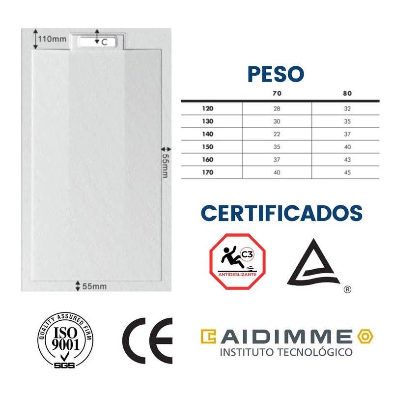 Plato de ducha Hexacore Desagüe Oculto - Resina y Fibra de Vidrio
